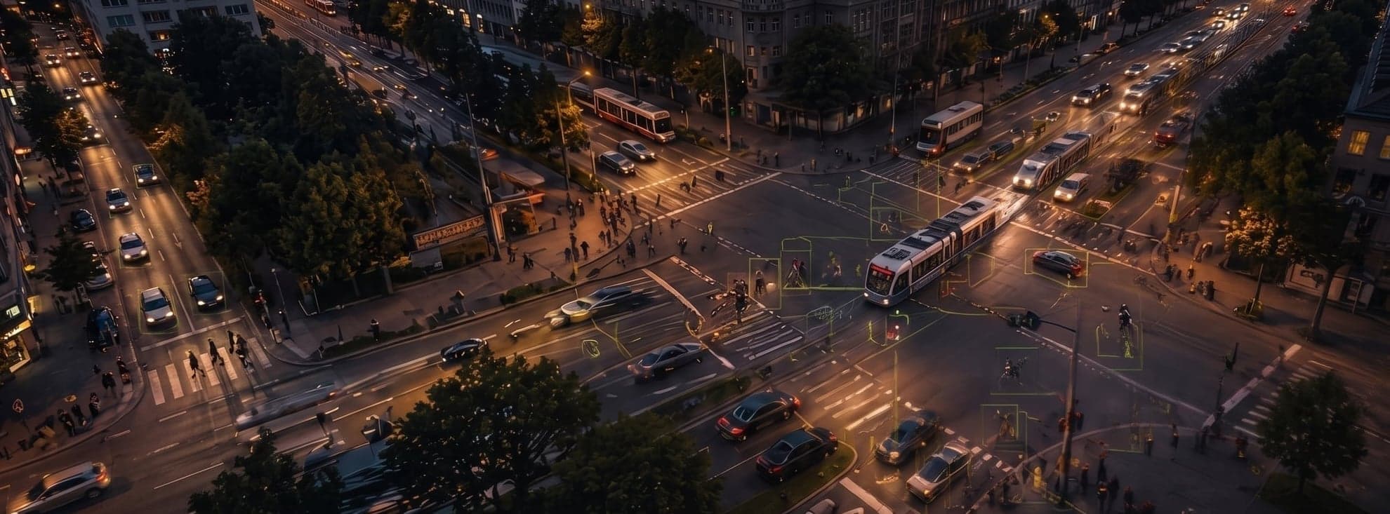 Aerial view of a city intersection at dusk with AI detection overlays on vehicles, trams, and pedestrians.