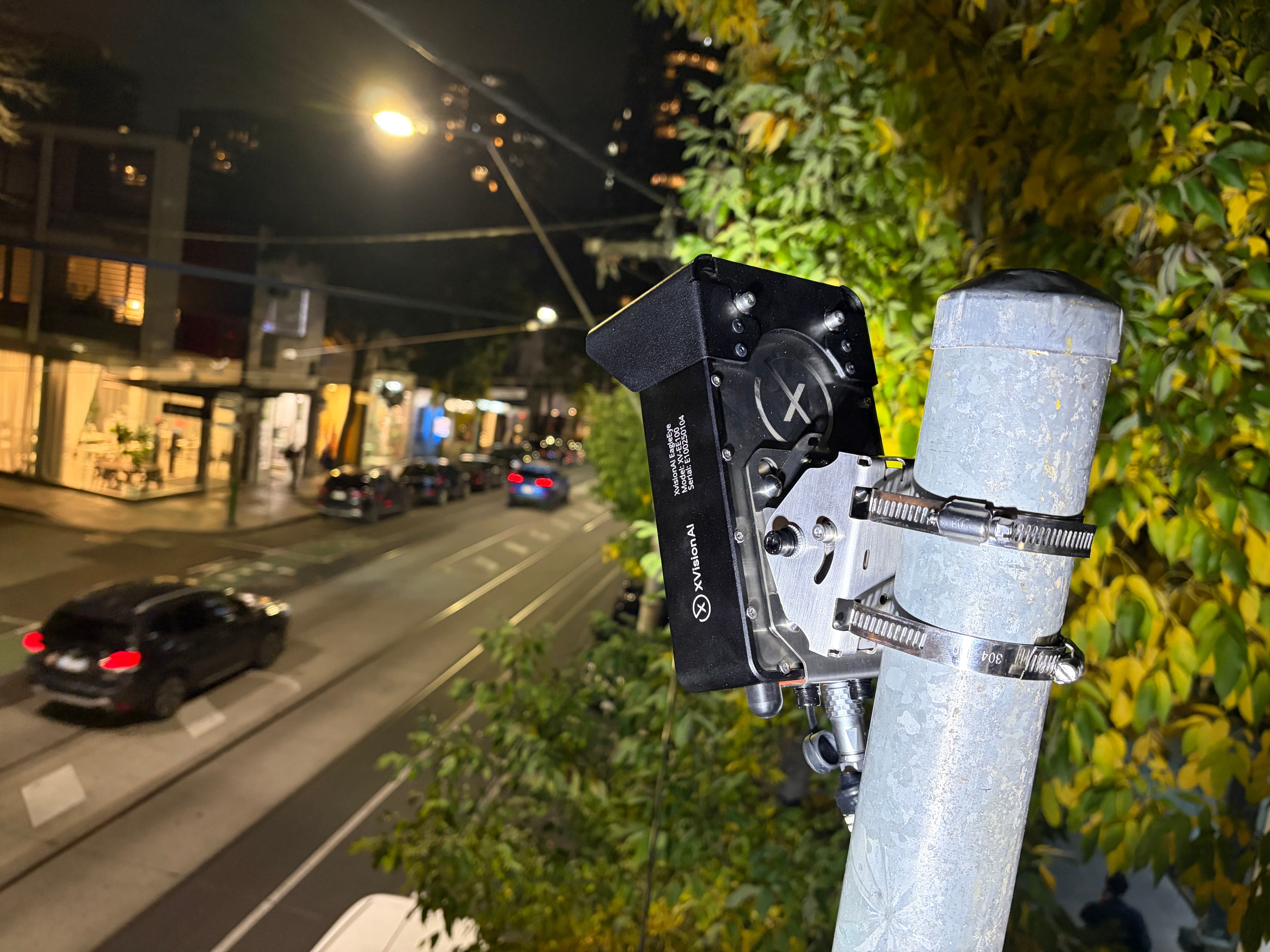 EagleEye roadside intelligence unit installed on a City of Stonnington street at night