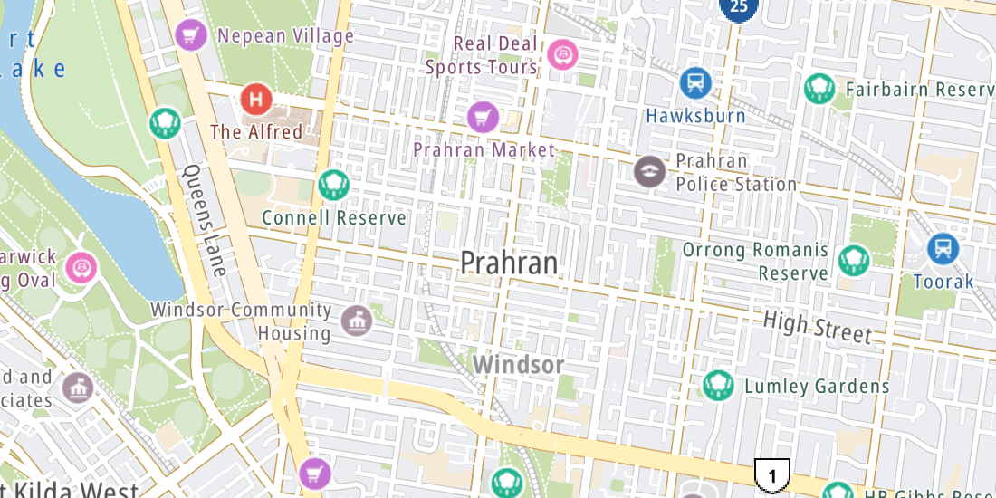 TomTom street map of Prahran and Windsor, centred on Chapel Street